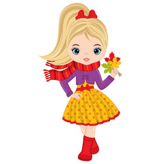 Vector Cute Little Girl with Autumn Leaves