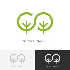 Infinity nature logo - two green trees and eternity of life symbol. Ecology and environment, garden, forest or park vector icon.