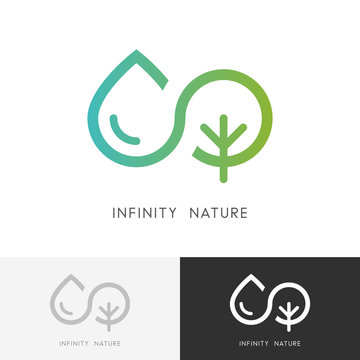 Infinity nature logo - a drop of water and tree or plant symbol. Ecology, environment and agriculture vector icon.