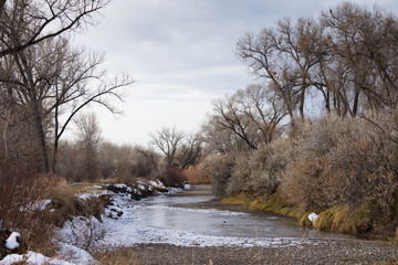 An icy river lined with leafless shrubs and deciduous trees. Cloudy skies are above.