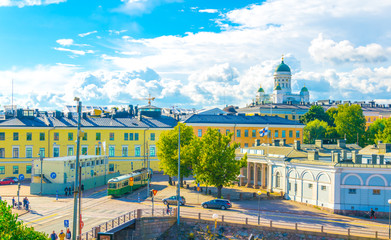 Aerial view of Helsinki with the Helsinki cathedral rising above surrounding cityscape, Finland.