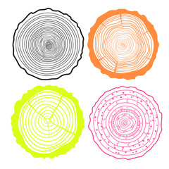 Tree rings. Set of cross section of the tree.Set of tree rings on isolation background. Conceptual graphics. Line art. Objects for design. Decorative style.Outline for printing, posters and other