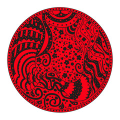 Mandala. Zentangle. Hand drawn circle zendala with abstract patterns on isolation background. Design for spiritual relaxation for adults. Line art. Outline for tattoo, printing on t-shirts, posters