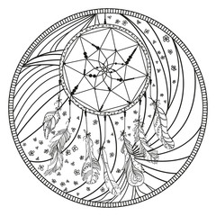 Dreamcatcher. Mystic symbol. Mandala. Line background. Hand drawn lines. Monochrome pattern. Doodle. Illustration for coloring. Design for spiritual relaxation for adults. Black and white wallpaper