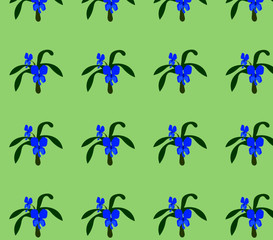 Ghost like flower with leafs on light green background seamless pattern 