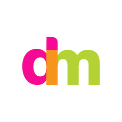 Initial letter dm, overlapping transparent lowercase logo, modern magenta orange green colors