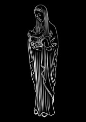 Saint Mary holding baby Jesus. Hand drawn Virgin Mary and Baby Jesus Christ nativity scene. Nativity Christmas graphics design elements. Blackwork adult flesh tattoo concept. Vector.