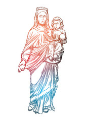 Saint Mary holding baby Jesus Christ, son of God in her hands. Christmas nativity scene for holiday. Color adult flesh tattoo concept. Vector.