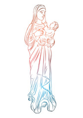 Christmas nativity scene of Virgin Mary holding baby Jesus, hand drawn sketch for Christmas holiday template. Saint Mary and holy baby religious holiday scene.