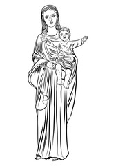 Virgin Mary tattoo art. Symbol of Christianity religion, mother of Christ. Blackwork adult flesh tattoo concept. Saint Mary with a child Jesus template concept. Vector.