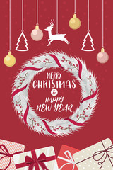 Naklejka premium Christmas Wreath and happy new year with ribbons red. Decorated of pine branches in background red and snow. Vector