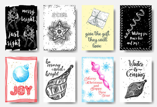 Christmas card tags set, hand drawn styleMerry bright just right, 2018, give the gift they will love, wishing you peace love and joy, winter is coming,  Vector.
