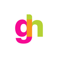 Initial letter gh, overlapping transparent lowercase logo, modern magenta orange green colors