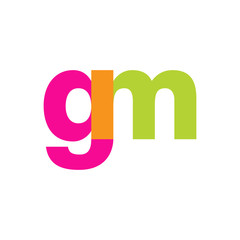 Initial letter gm, overlapping transparent lowercase logo, modern magenta orange green colors