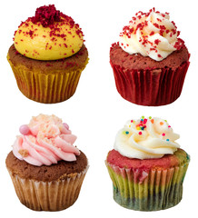 Isolated of soft mini cakes and difference tasty cupcakes on white color background