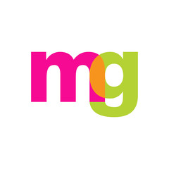 Initial letter mg, overlapping transparent lowercase logo, modern magenta orange green colors