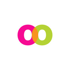 Initial letter oo, overlapping transparent lowercase logo, modern magenta orange green colors