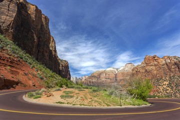Mount Carmel Road switchbacks through Limestone Rock Cliffs and Descends to Zion National Park in Utah United States