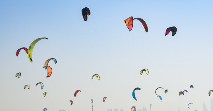 Kite Surf Kites Flying Over Jumeirah Public Beach In Dubai, UAE.