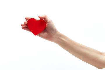 Red heart in woman hand isolated on white