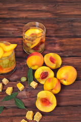fruit sets with peaches of grapes and juice