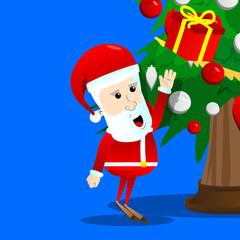 Santa Claus reach out for a gift box on a Christmas tree. Vector cartoon character illustration.