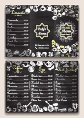 Fotobehang Restaurant hot drinks menu design with chalkboard background. Vector illustration template in vintage style. Hand drawn style. Hot tea, coffee, cacao © Siberian Art