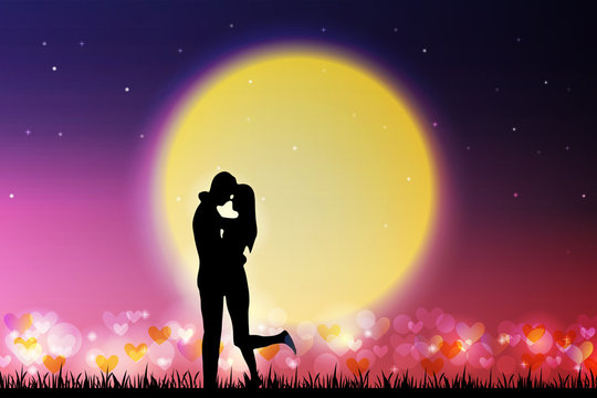 Couple love hug and kiss on night starry sky.  Valentine's day vector design concept.
