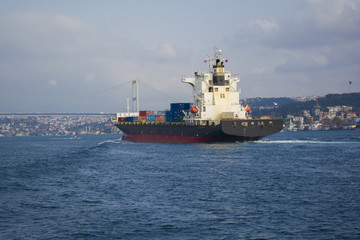 stern of a large tanker cargo ship on route to bosporus strait in black sea turkish water