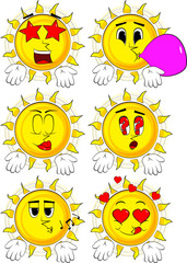 Cartoon sun showing something with both hands or expressing don't know gesture. Collection with various facial expressions. Vector set.