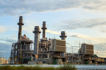 Gas turbine electric power plant with blue hour.
