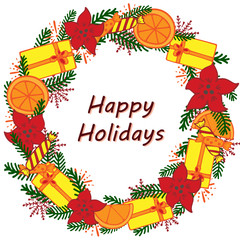 The frame in the form of a Christmas wreath decorated with gifts, flowers and oranges.