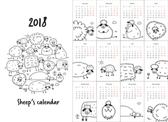 Funny sheeps family, calendar 2018 design for coloring