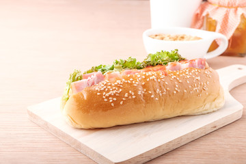 Hot dog on wood background