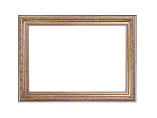 Golden decorative empty picture frame with pattern isolated on white background.