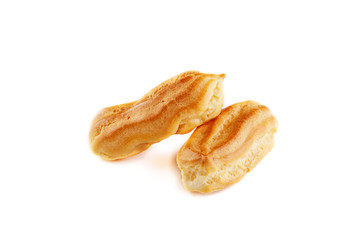 Cake eclair, cup of coffee on a white background