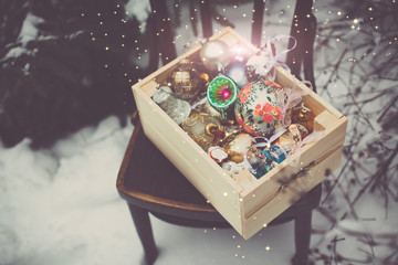 Christmas decoration balls in a wooden box