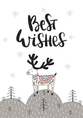 Fototapeten Beste Wünsche - Handgezeichnete Weihnachtskarte im skandinavischen Stil mit monochromen Hirschen und Schriftzügen. © Oksana Stepova