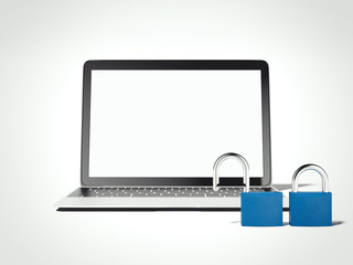 Opened and closed padlocks with laptop. 3d rendering