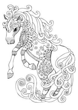 Romantic horse. Hand drawn picture. Sketch for anti-stress adult coloring book in zen-tangle style. Vector illustration for coloring page.