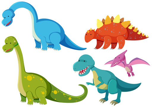 Five types of dinosaurs on white background