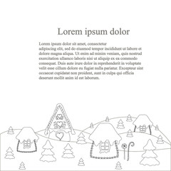 Monochrome background christmas houses on hills, tree on hills stock vector illustration