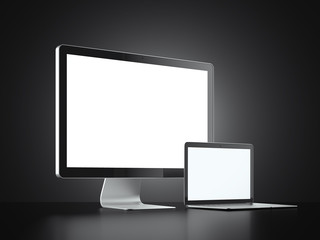 Display and laptop isolated on black background. 3d rendering