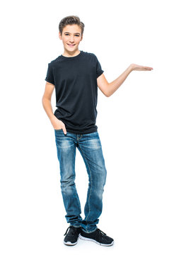 Photo of teenage young  boy holds something on palm