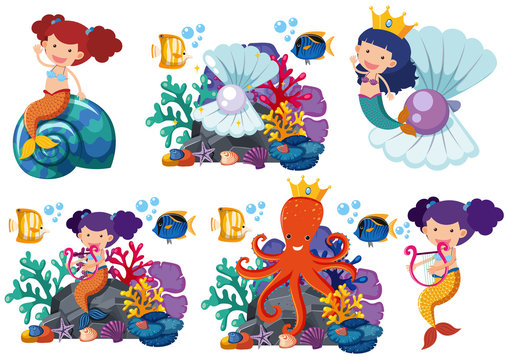 Mermaids and sea animals underwater