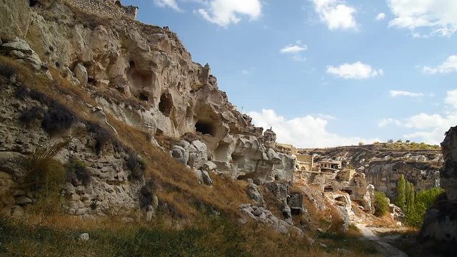 View of cave houses in Ortahisar. Cappadocia. Turkey