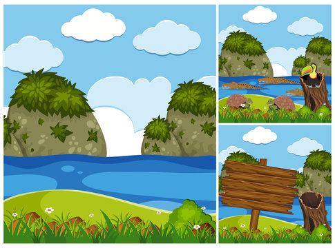 Three nature scenes with crocodiles in river