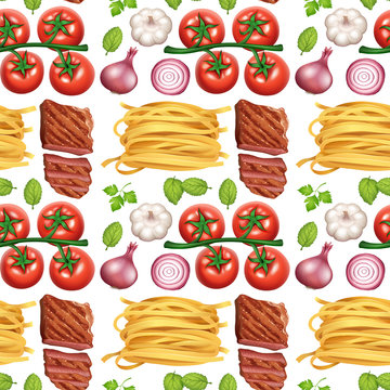 Seamless background with beef and pasta