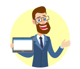 Hipster Businessman holding tablet PC and gesticulating