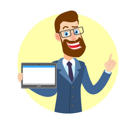 Hipster Businessman holding tablet PC and pointing; up